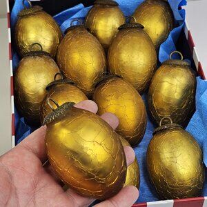 Vintage Crackle Glass Heavy Thick Egg Shaped Gold Color Christmas Ornament 13pcs